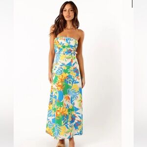 PETAL AND PUP HARRIET STRAPLESS MIDI DRESS MALTA PRINT